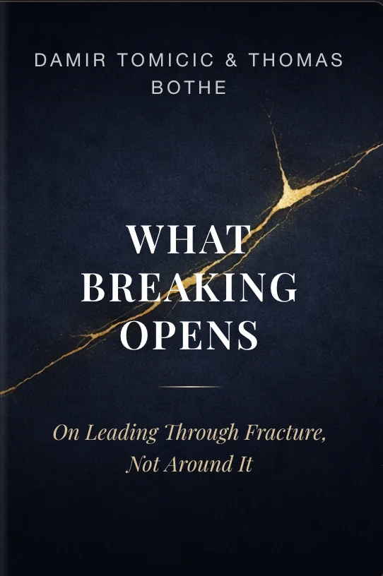What Breaking Opens by Damir Tomicic and Thomas Bothe. Book cover with a gold kintsugi seam crossing a dark surface.